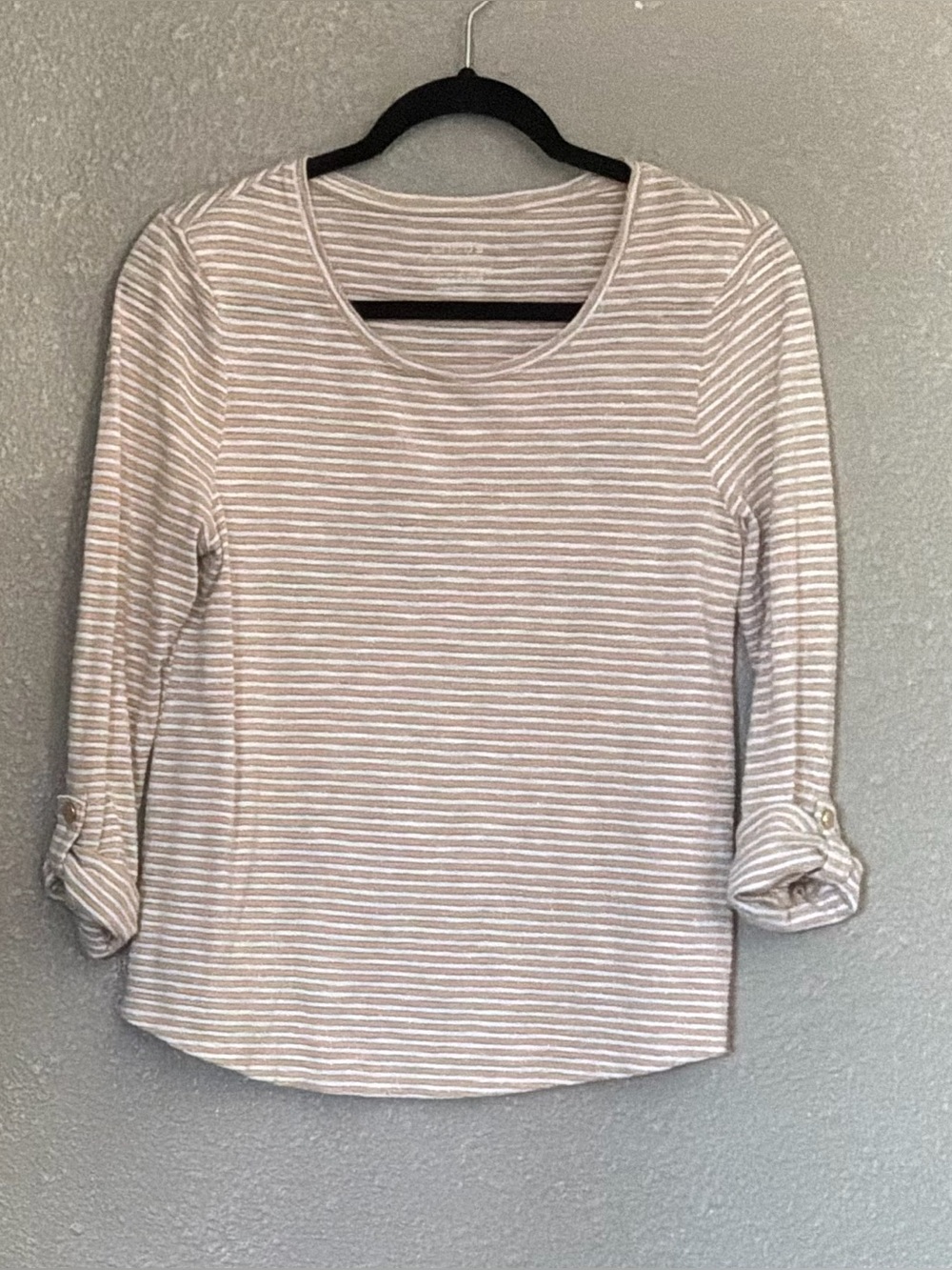 Chico's Beige and White Striped Scoop-Neck Long Sleeve Top